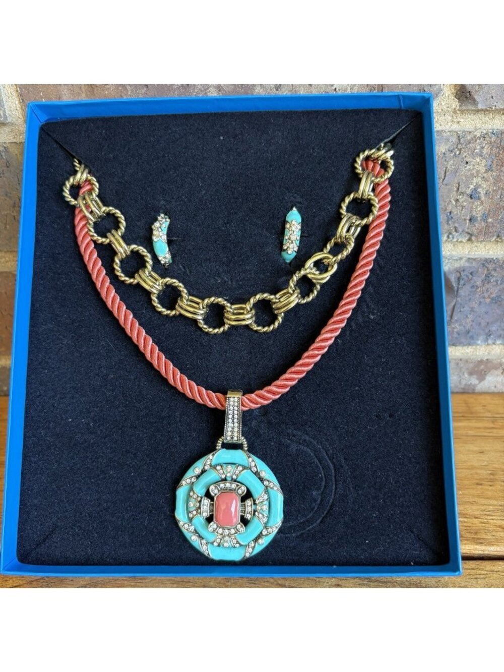 HEIDI DAUS Newport Chic Enamel 3 pc Set Necklace Pierced Earrings Aqua Coral